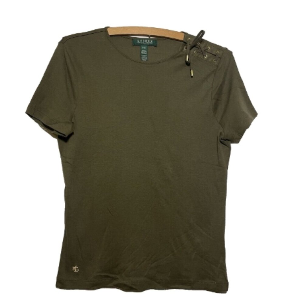 Ralph Lauren Womens Top Olive Green Petite Medium Tie on Shoulder